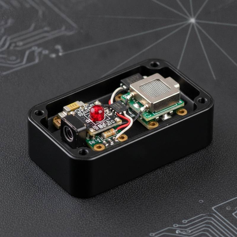 Internal components of a laser rangefinder module showing emitter and detector