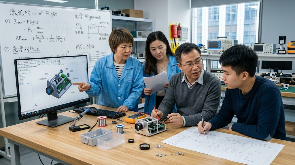 Engineers collaborating on a custom laser rangefinder module design