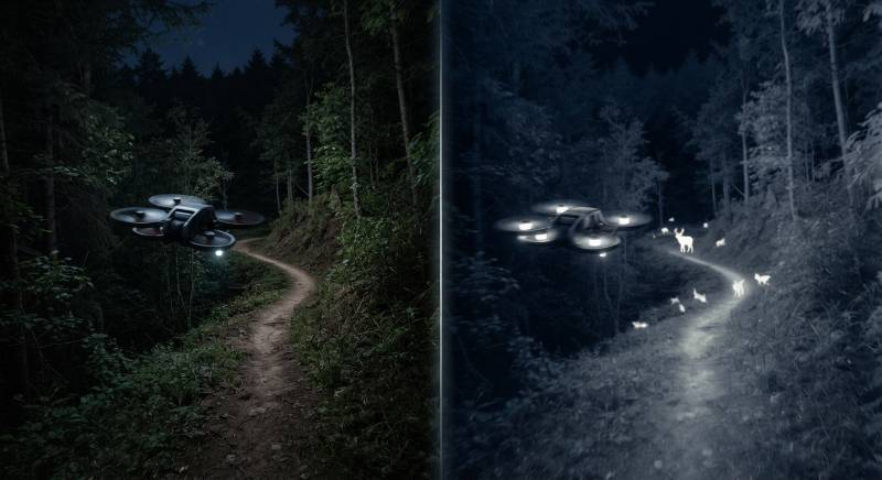 FPV drone flying through a dark forest with a split-screen view: one side showing standard visual and the other showing thermal heat signatures.