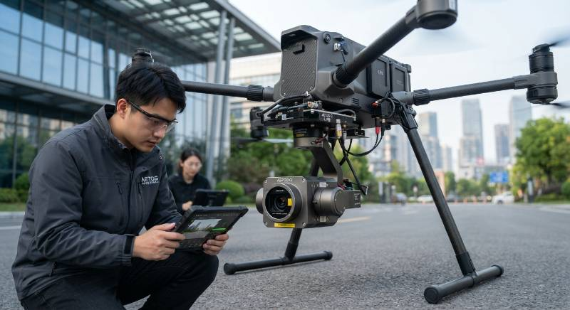Compact drone laser designator payload on a micro gimbal