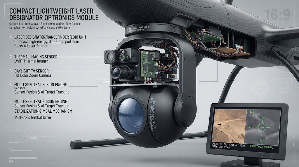 compact lightweight laser designator optronics module installed inside tactical military drone gimbal