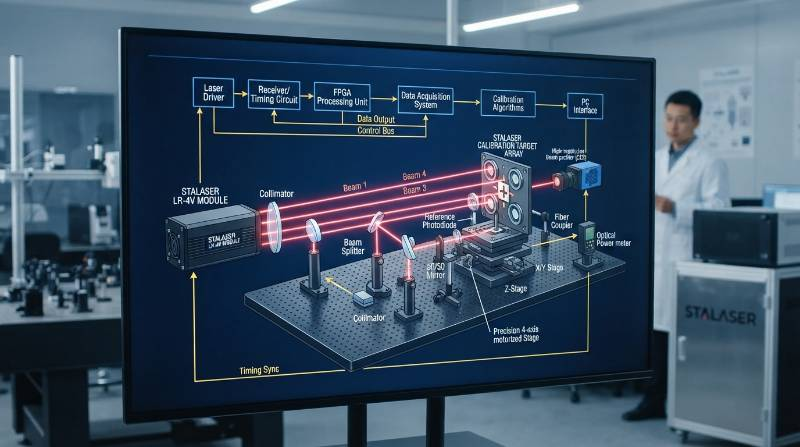 A technical schematic showing the architecture of a 4-vector laser rangefinder calibration setup on an optical bench.