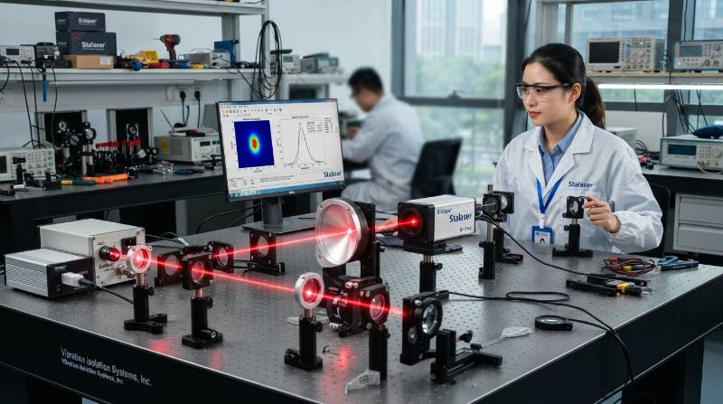 An optical laboratory bench setup with an off-axis parabolic collimator and beam profiling diagnostic equipment.