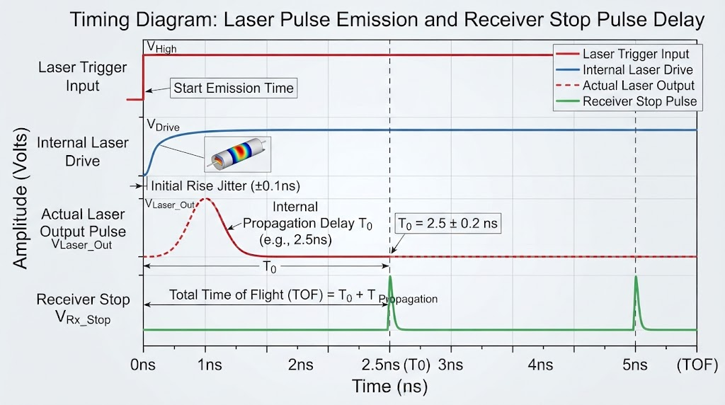 A timing diagram illustrating laser pulse emission start time, internal propagation delay T0, and receiver stop pulse