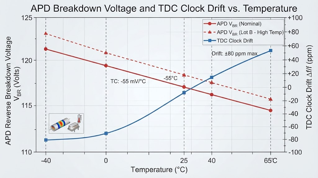 A technical line graph showing APD reverse breakdown voltage curves and TDC clock drift across -40C to +65C.