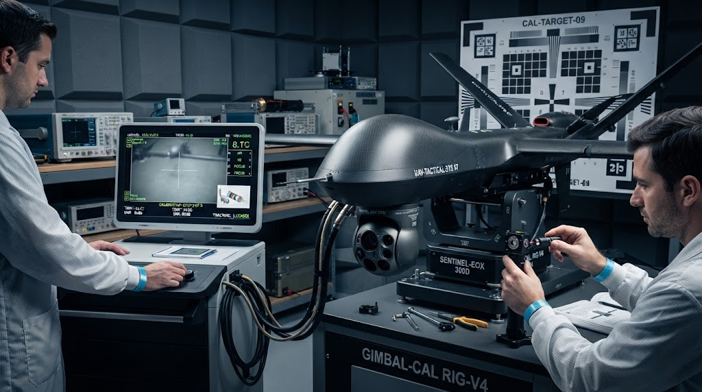 A compact electro-optical gimbal payload installed on a defense UAV undergoing calibration