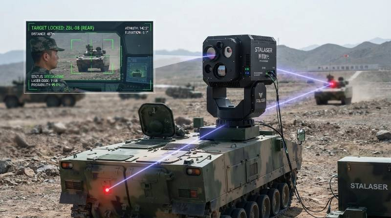 military laser target designator payload projecting invisible beam onto armored vehicle with neural tracking overlay