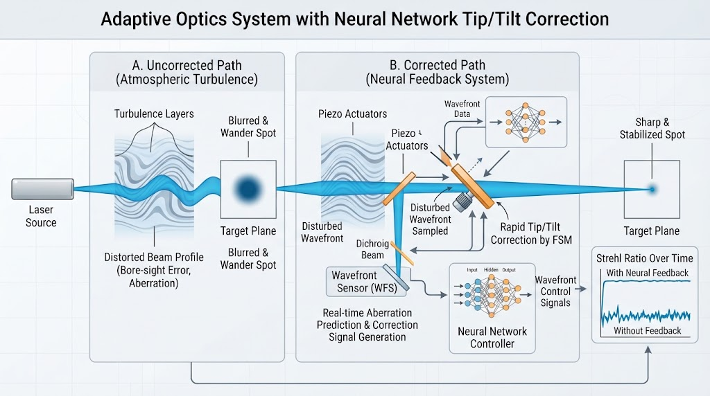 diagram showing laser beam passing through atmospheric turbulence corrected by fast steering mirror neural feedback