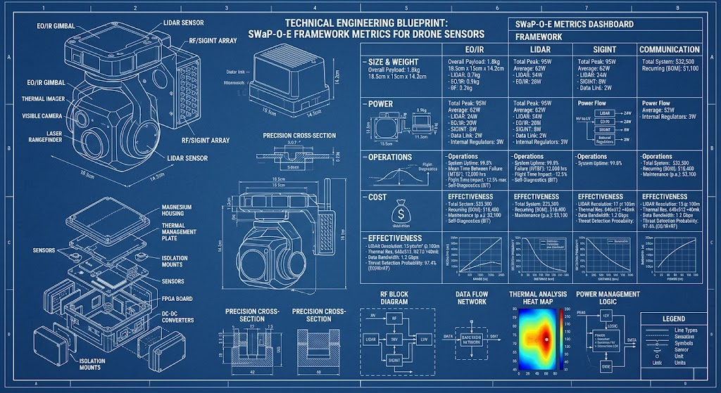 Technical engineering blueprint diagram displaying SWaP-O-E framework metrics for drone sensors