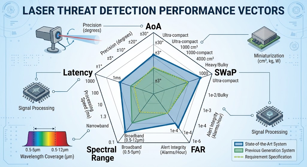  radar chart showing five vectors of laser threat detection performance including AoA, SWaP, FAR, Spectral Range, Latency