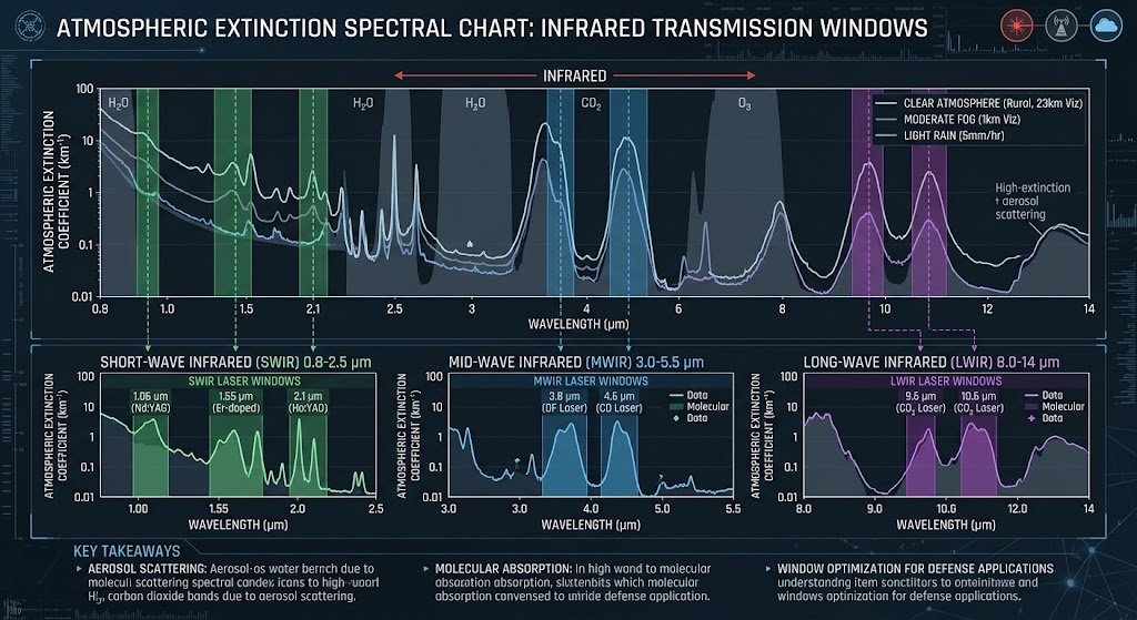 Atmospheric extinction spectral chart highlighting laser transmission windows across infrared bands