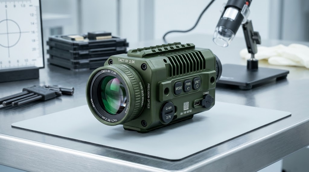 Compact ruggedized tactical laser rangefinder module machined aluminum chassis with precision optical aperture on cleanroom table