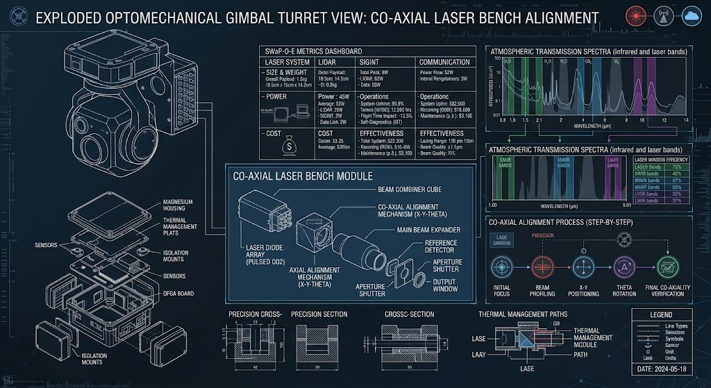 Exploded engineering view of an optomechanical drone gimbal turret showing co-axial laser bench alignment