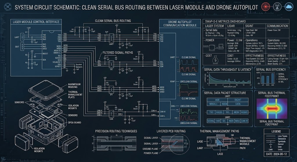 Circuit board schematic showing clean serial bus routing between laser module and drone autopilot