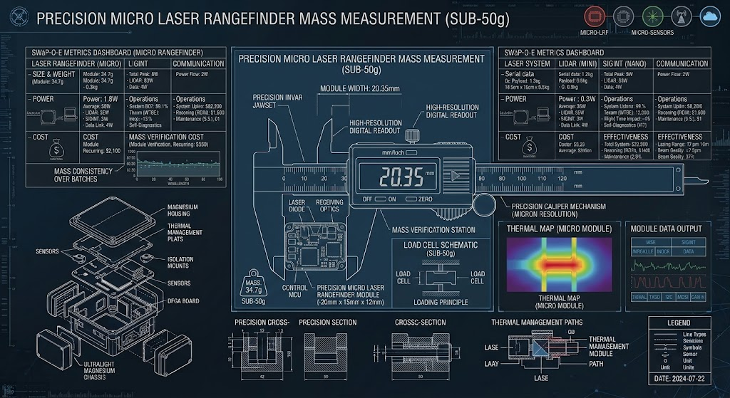 Precision micro laser rangefinder module resting on an engineering caliper measuring sub-50g mass