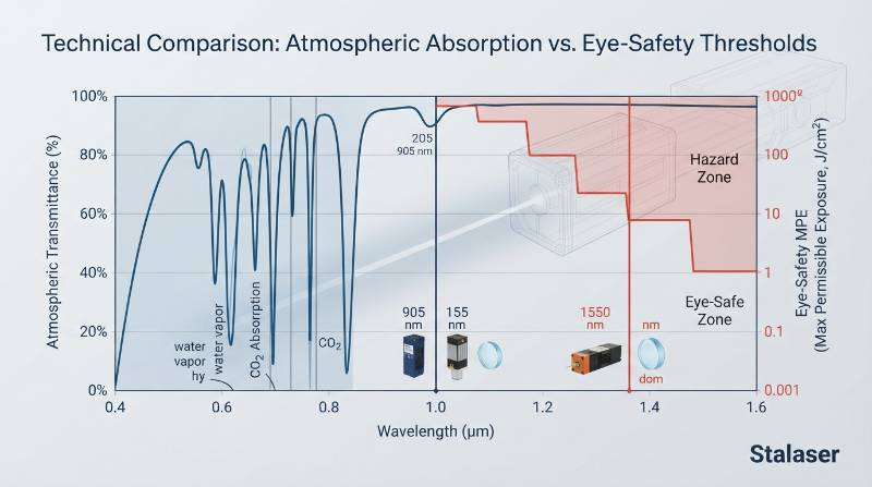 Technical comparison graph illustrating atmospheric absorption curves and eye-safety maximum permissible exposure thresholds