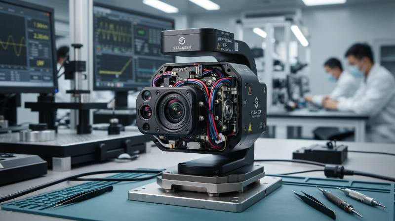 Miniature multi-sensor electro-optical gimbal payload showing internal optics and compact wiring harness