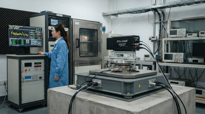 Laser rangefinder unit mounted on a vibration test shaker table inside an environmental laboratory