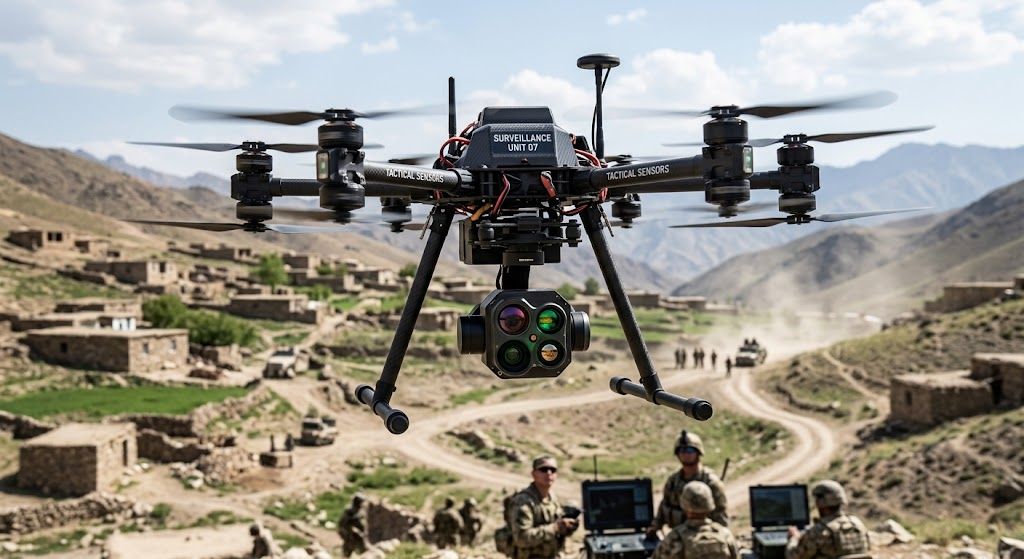 Tactical drone hovering with high-tech electro-optical gimbal payload active during daytime surveillance